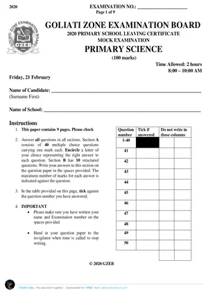2020 Goliati Zone PSLCE Primary Science Mock - Preview