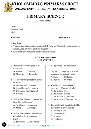 2020 KHOLOMBIDZO PRIMARY Standard 7 Term 1 Primary Science Past Paper - Preview
