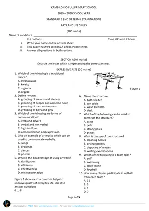 2020 Kambilonjo Standard 6 Term 1 Arts and Life Skills Past Paper - Preview