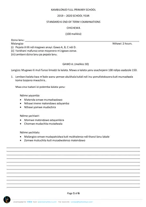 2020 Kambilonjo Standard 6 Term 1 Chichewa Past Paper - Preview