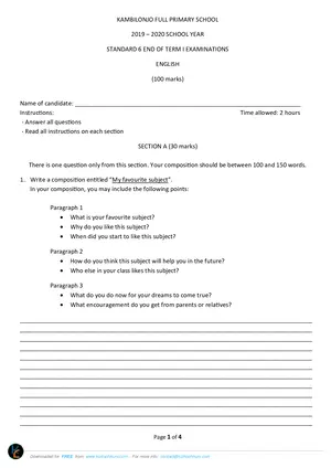 2020 Kambilonjo Standard 6 Term 1 English Past Paper - Preview
