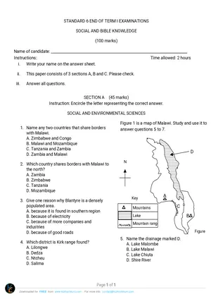 2020 Kambilonjo Standard 6 Term 1 Social and BK Past Paper - Preview