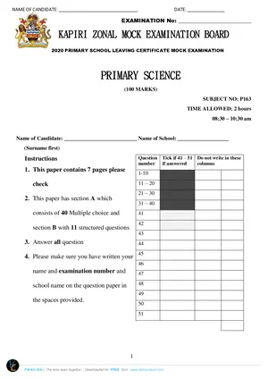 2020 Kapiri Zonal Examination Board Standard 8 PSLCE Primary Science - Preview