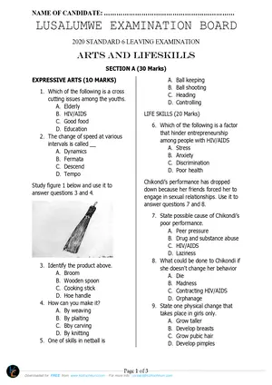 2020 LUSALUMWE Standard 6 Term 3 Arts and Life Skills Past Paper - Preview