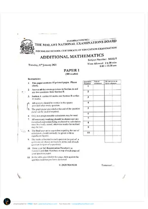 2020 MANEB MSCE Additional Mathematics Paper 1 - Preview