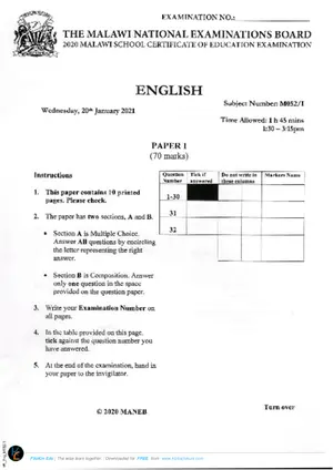 2020 MANEB MSCE English Paper I - Preview
