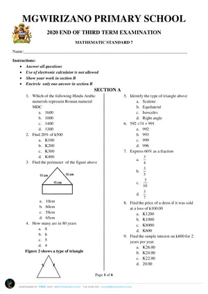 2020 MGWILIZANO Standard 7 Term 3 Mathematics Past Paper - Preview