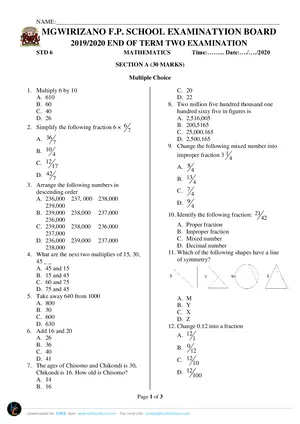2020 MGWIRIZANO School Standard 6 Mathematics Past Paper - Preview