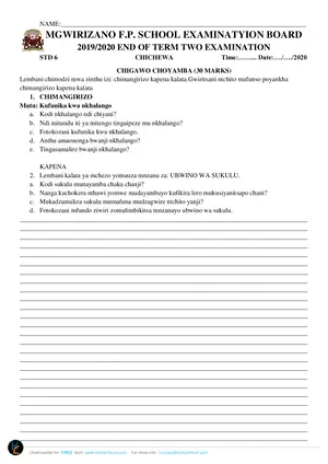2020 MGWIRIZANO Standard 6 Term 1 Chichewa Past Paper - Preview