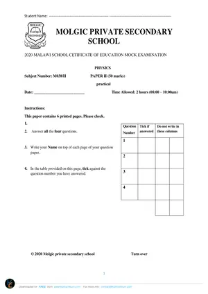 2020 Molgic Private MSCE Physics Paper II Practicals Mock Exams - Preview