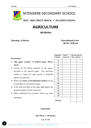 2020 Mtendere Secondary School MSCE Agriculture Paper I Form 4 - Preview