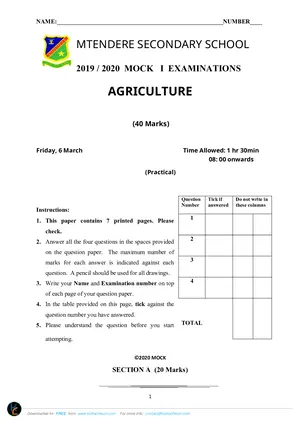 2020 Mtendere Secondary School MSCE Agriculture Paper II Form 4 - Preview