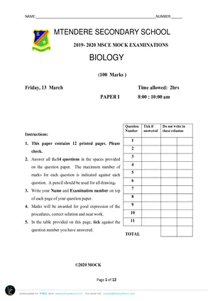 2020 Mtendere Secondary School MSCE Biology Paper I F4 Mock - Preview