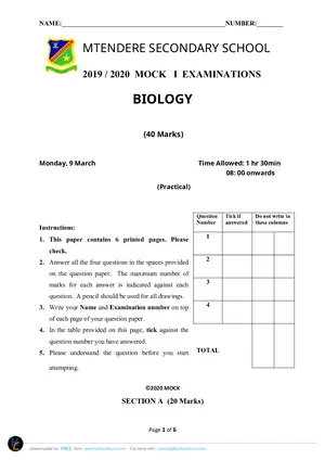 2020 Mtendere Secondary School MSCE Biology Paper II F4 - Preview
