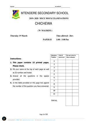 2020 Mtendere Secondary School MSCE Chichewa Pepala Lachiwiri La Kalasi Lachinayi F4 - Preview
