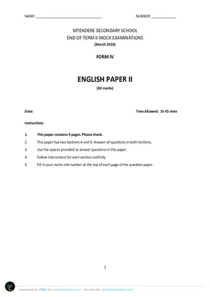 2020 Mtendere Secondary School MSCE (Form 4) Term 2 English Paper I - Preview