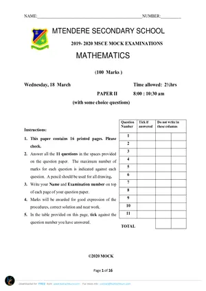 2020 Mtendere Secondary School MSCE Mathematics II F4 - Preview