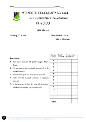 2020 Mtendere Secondary School MSCE Physics Paper I F4 - Preview