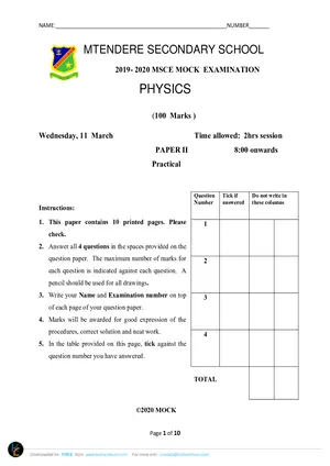 2020 Mtendere Secondary School MSCE Physics Paper II Form 4 - Preview