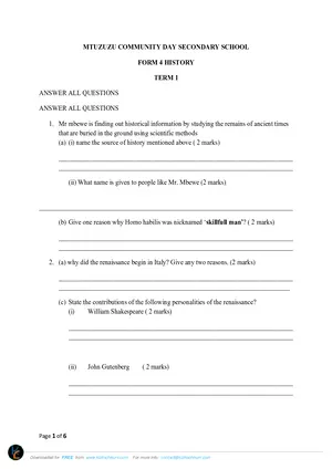 2020 Mtuzuzu CDSS MSCE Term 1 History Form 4 - Preview