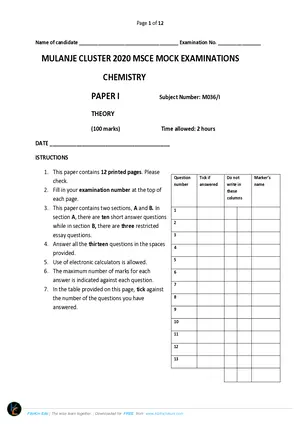 2020 Mulanje Cluster MSCE Chemistry Paper I Mock - Preview