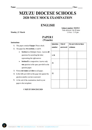 2020 Mzuzu Diocese MSCE English Paper I Mock - Preview