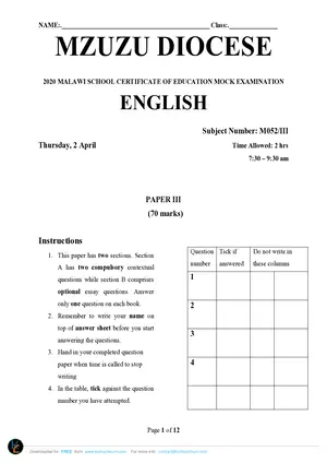 2020 Mzuzu Diocese MSCE English Paper III Mock - Preview