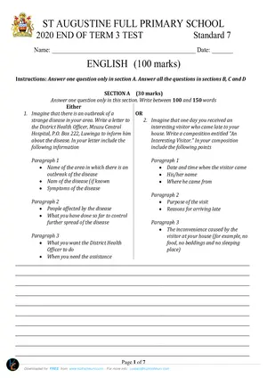 2020 St Augustine Standard 7 Term 3 English Past Paper - Preview