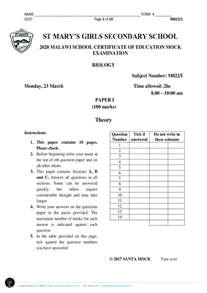 2020 St Mary's MSCE Biology Paper I - Preview