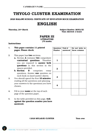 2020 Thyolo Cluster MSCE English Paper III Mock - Preview