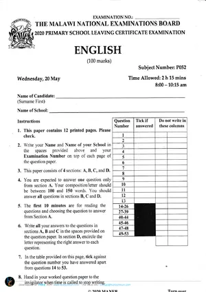 2020 MANEB PSLCE English Past Paper - Preview