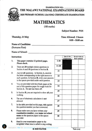 2020 MANEB PSLCE Mathematics Past Paper | Malawian 100% FREE Edu PDF ...