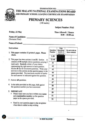 2020 MANEB PSLCE Primary Science Past Paper - Preview