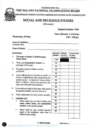 2020 MANEB PSLCE Social and Religious Studies Past Paper - Preview