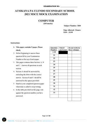 2021 APU MSCE Computer Studies Paper 1 Mock - Preview