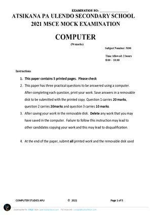 2021 Atsikana Pa Ulendo Form 4 Mock Computer Studies Paper II - Preview