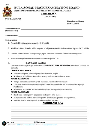 2021 Bula Zone Standard 5 Term 2 Chichewa Past Paper - Preview