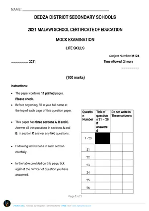 2021 Dedza MSCE Life Skills Mock - Preview