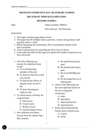 2021 Dzumani CDSS Form 3 Term 2 History Paper I - Preview