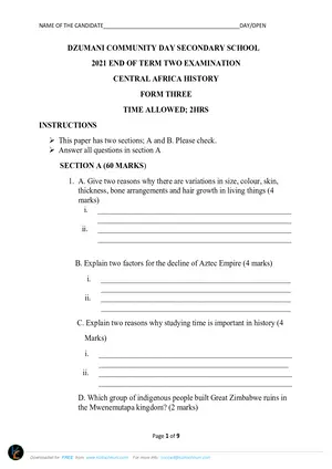 2021 Dzumani CDSS Form 3 Term 2 History Paper II Central Africa History - Preview