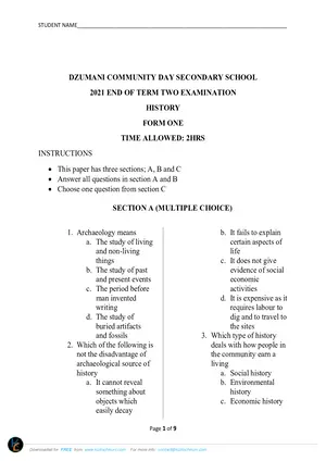 2021 Dzumani Form 1 Term 2 History Question Paper - Preview