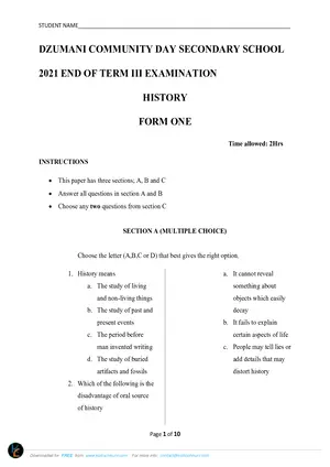 2021 Dzumani Form 1 Term 2 History - Preview