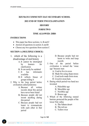 2021 Dzumani Form 2 Term 2 History Mock Paper - Preview