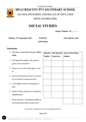 2021 Hill Cresent MSCE Social Studies Paper II - Preview