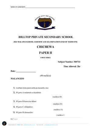 2021 Hilltop Chichewa Form 3 Paper 2 - Preview