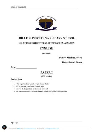 2021 Hilltop English Form 1 Paper II term 3 - Preview