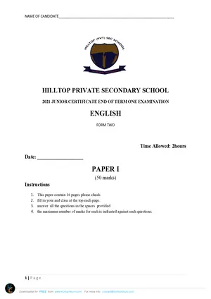 2021 Hilltop Form 2 Term 1 English Paper I - Preview