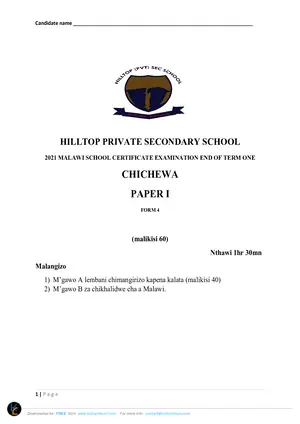 2021 Hilltop private Chichewa Form 4 Paper I - Preview