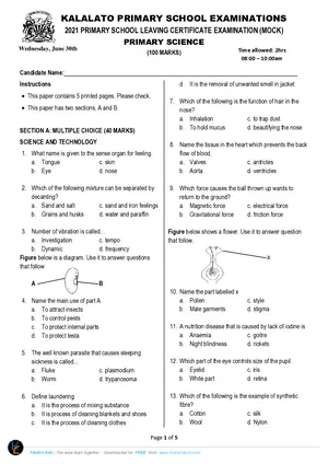 2021 Kalalato PSLCE Primary Science - Preview