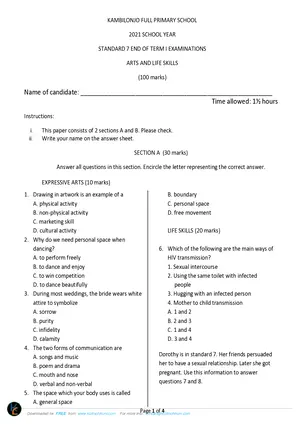 2021 Kambilonjo Standard 7 Term 1 Arts & Life Skills Past Paper - Preview
